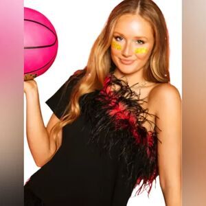 NWT Queen of Sparkles Black and Red Feathered One Arm Top - XS